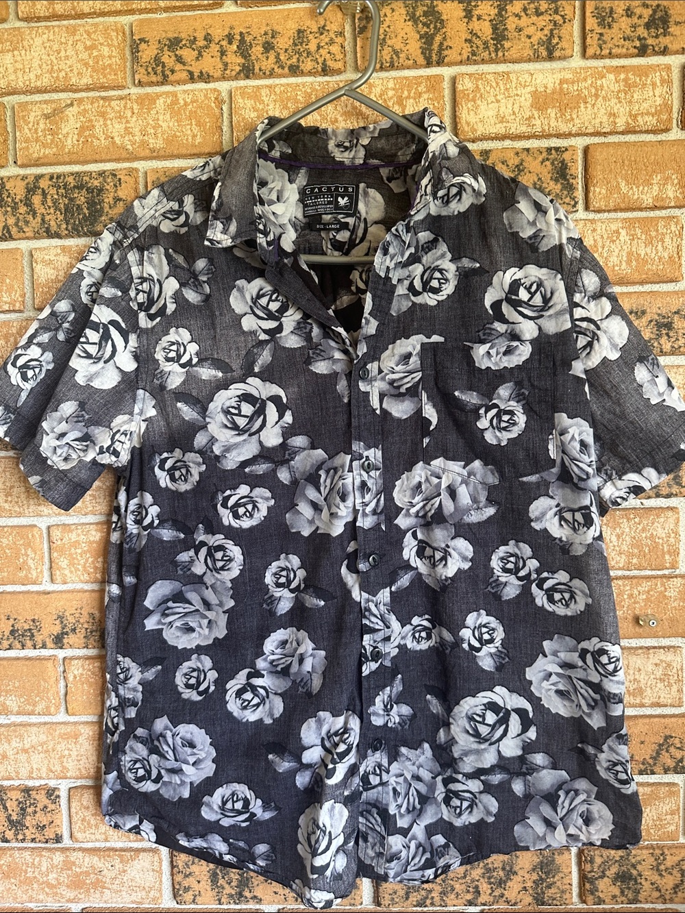 Cactus Black Short-Sleeve Button-Up with White Rose Print